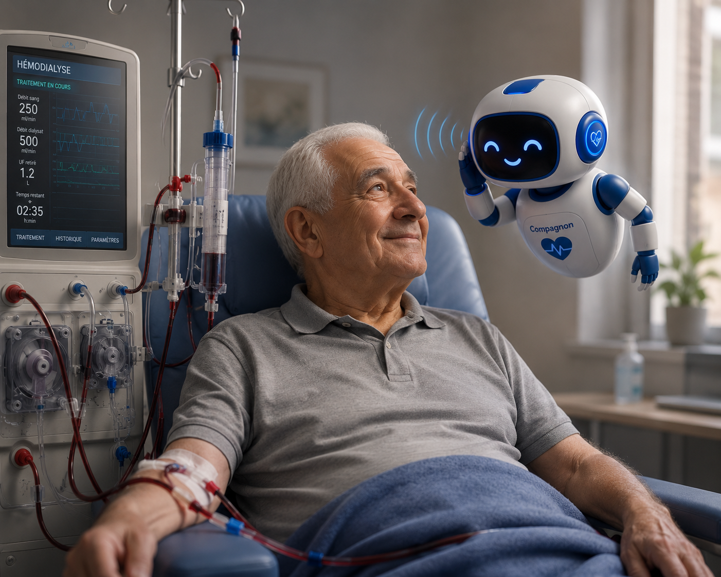 Patient en hémodialyse accompagné du robot Compagnon