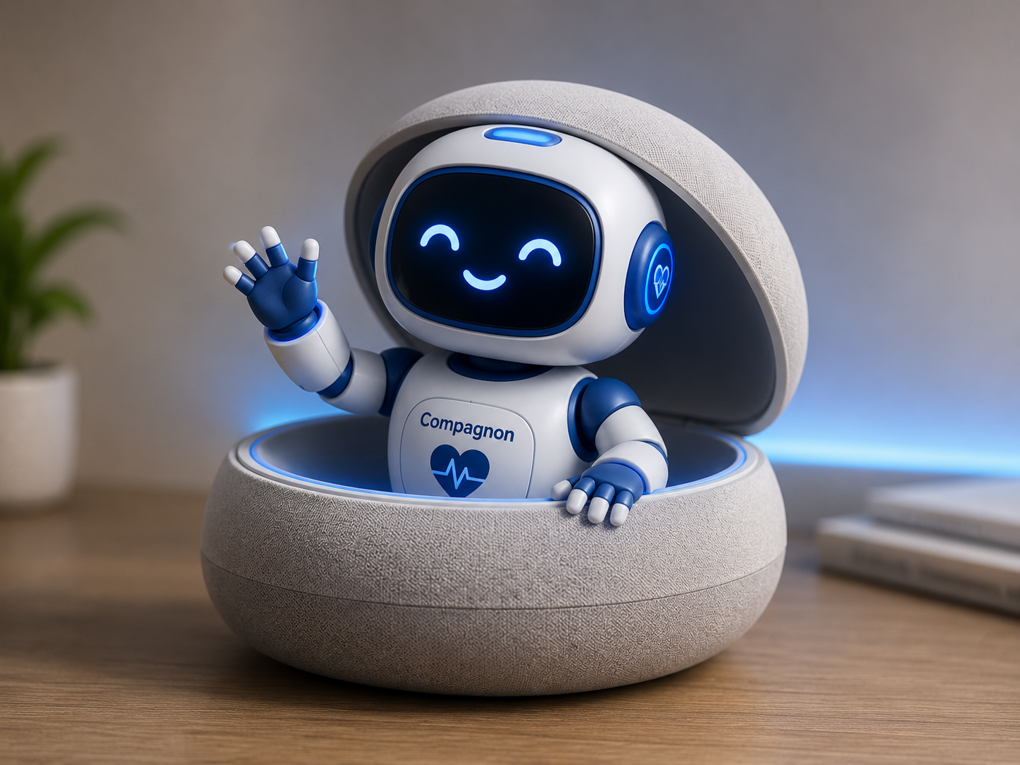 Compagnon, l'assistant vocal médical, salue depuis son socle